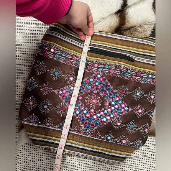 Bohemian indie beaded embroidered shoulder bag hobo printed multicolor geometric - Picture 5 of 6